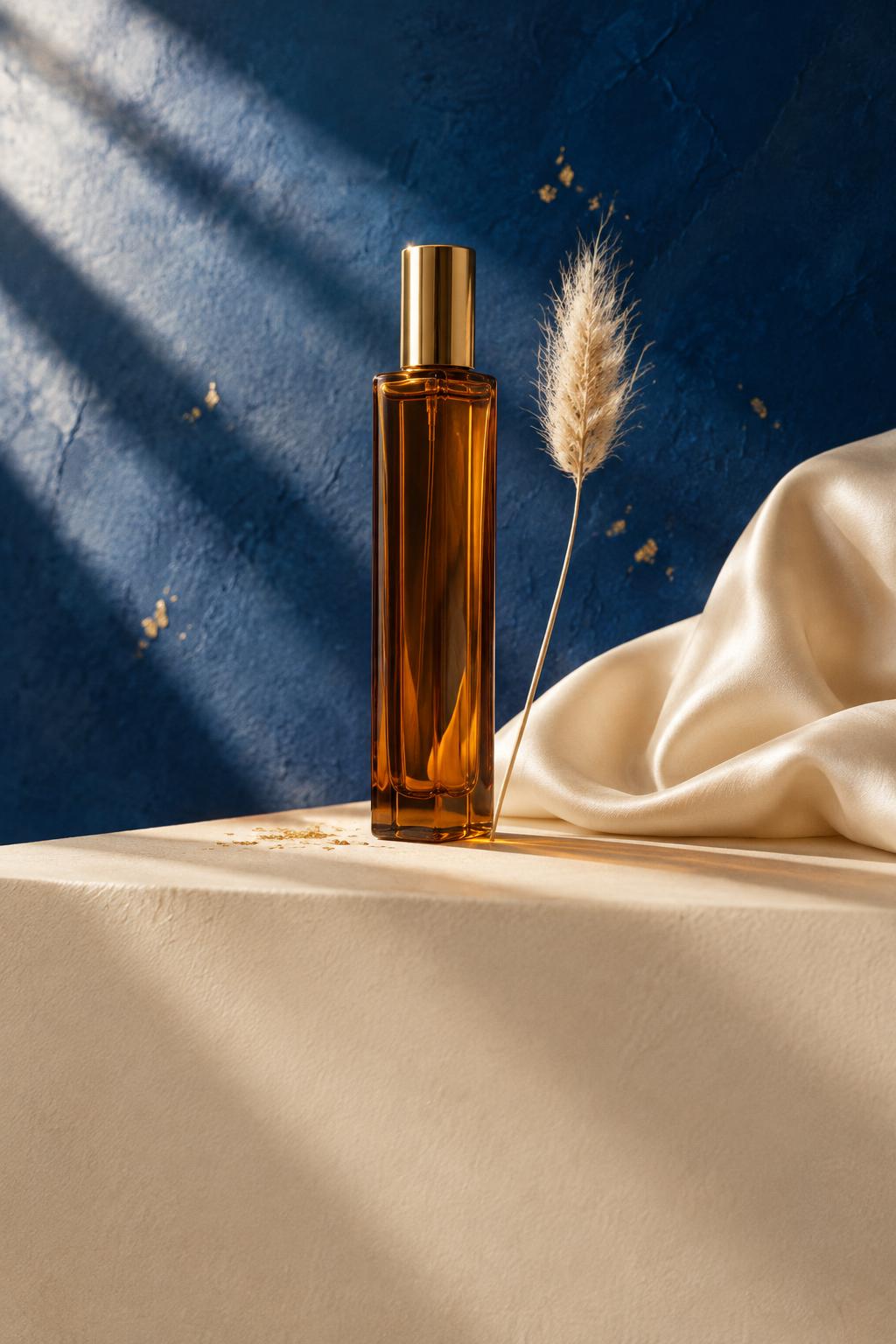 An amber glass perfume bottle with a gold cap on a plaster pedestal against a royal blue wall, with cream silk and a dried stem